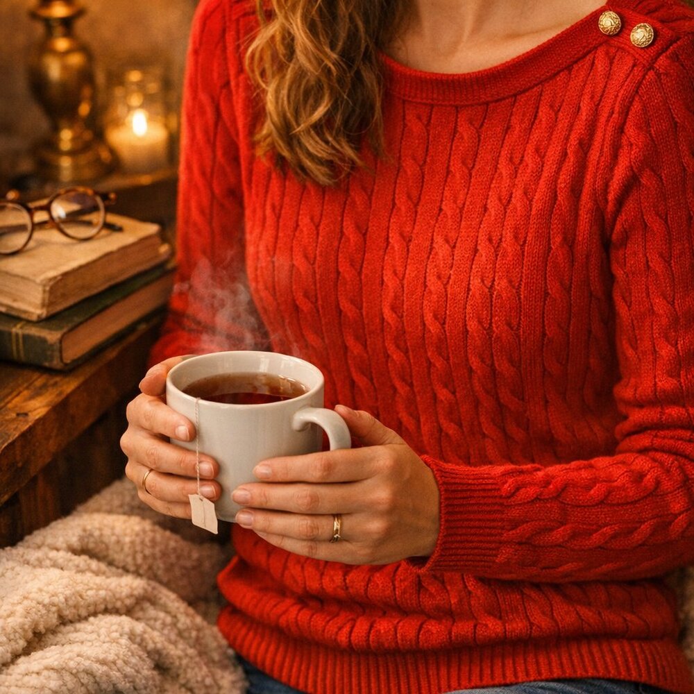 Lauren Ralph Lauren Red Women’s Cable-Knit Sweater with Gold Shoulder Buttons